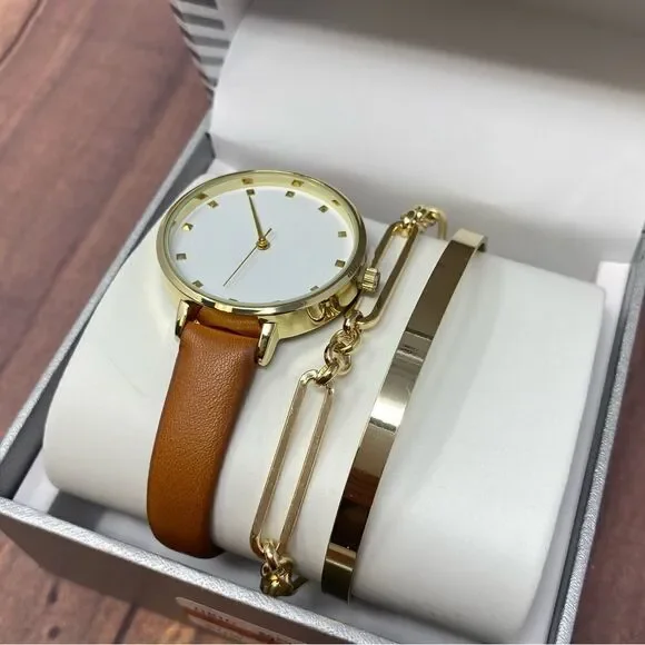 INC GOLD AND BROWN WATCH WITH BRACELETS COMBO W05 - Picture 2 of 4